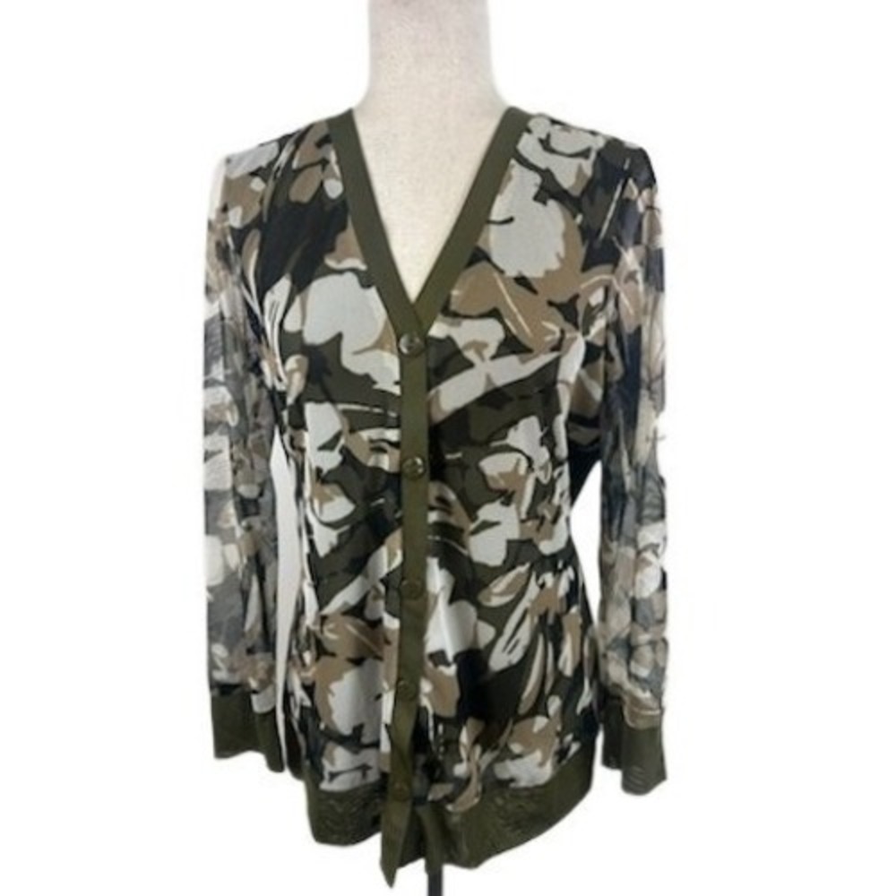 Chico's Cardigan Sweater Womens Size 1 US Medium Olive Green Floral Button Front